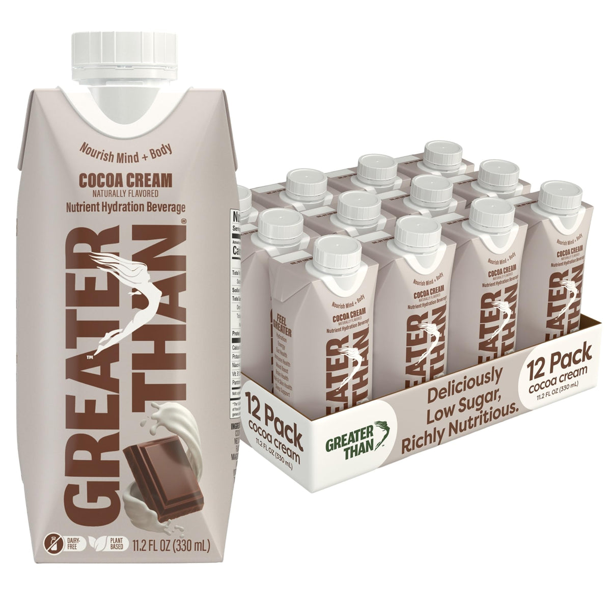 Greater Than Nutrient Hydration Beverage – Plant-Based Electrolyte Drink (Cocoa Cream), 12 Pack