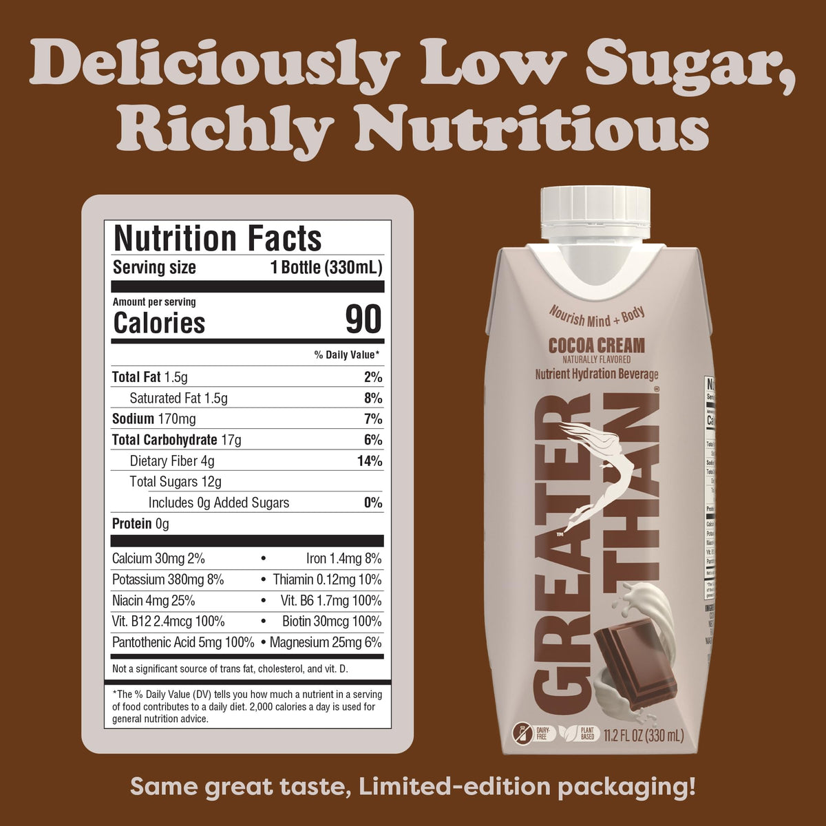 Greater Than Nutrient Hydration Beverage – Plant-Based Electrolyte Drink (Cocoa Cream), 12 Pack