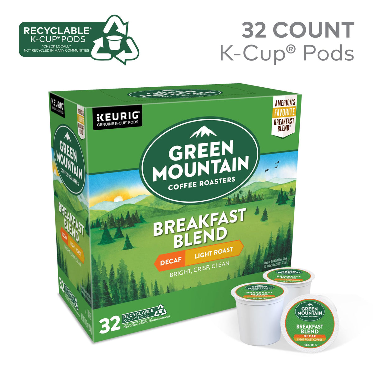 Green Mountain Coffee Roasters Breakfast Blend Decaf K-Cup Pods — Light Roast, 32-Count