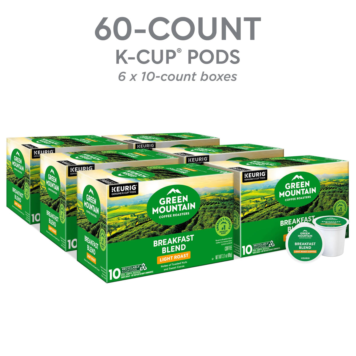 Green Mountain Coffee Roasters Breakfast Blend K-Cup Pods, 60 Count | 100% Arabica, Recyclable