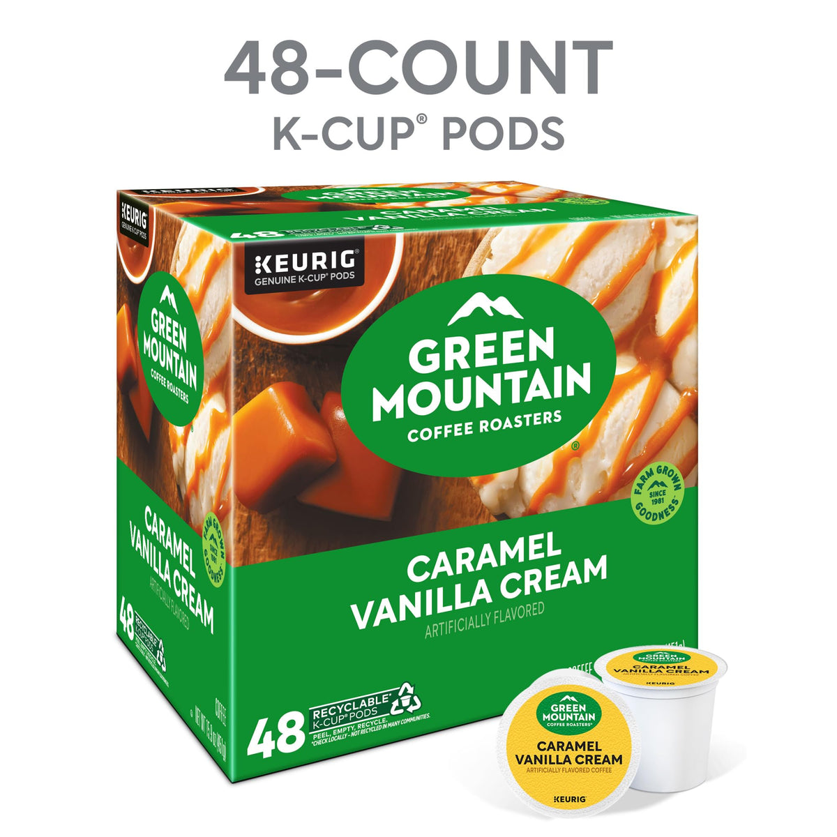 Green Mountain Coffee Roasters Caramel Vanilla Cream K-Cups — Flavored Light Roast, 48 Count