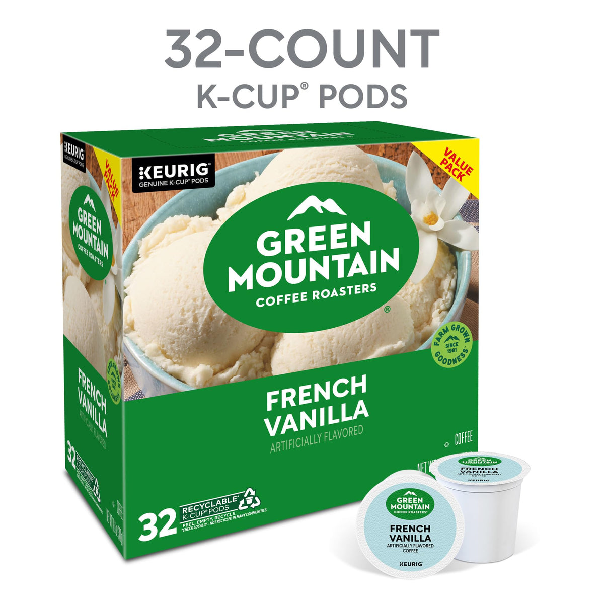 Green Mountain Coffee Roasters French Vanilla K-Cup Pods — Light Roast, 32-Count, Keurig Compatible