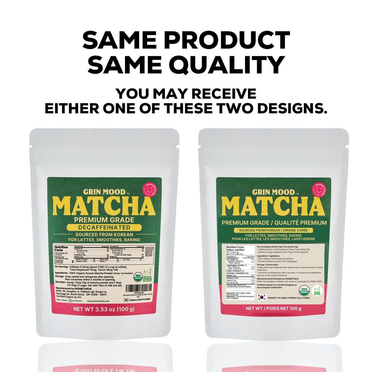 GRIN MOOD Matcha Powder – Organic Korean Green Tea, Decaffeinated, Halal (3.53oz, Premium Grade)