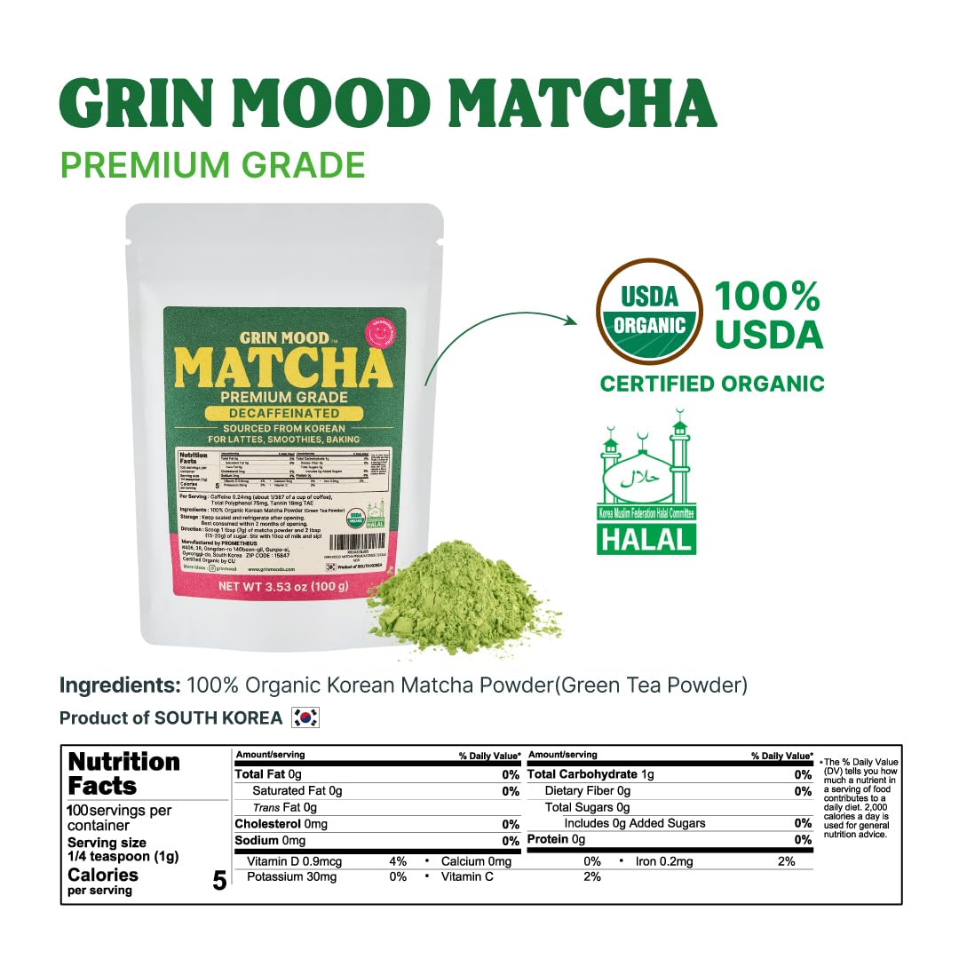 GRIN MOOD Matcha Powder – Organic Korean Green Tea, Decaffeinated, Halal (3.53oz, Premium Grade)