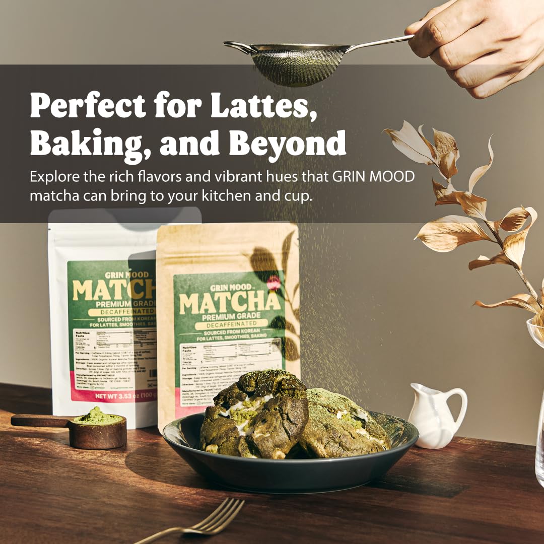 GRIN MOOD Matcha Powder – Organic Korean Green Tea, Decaffeinated, Halal (3.53oz, Premium Grade)