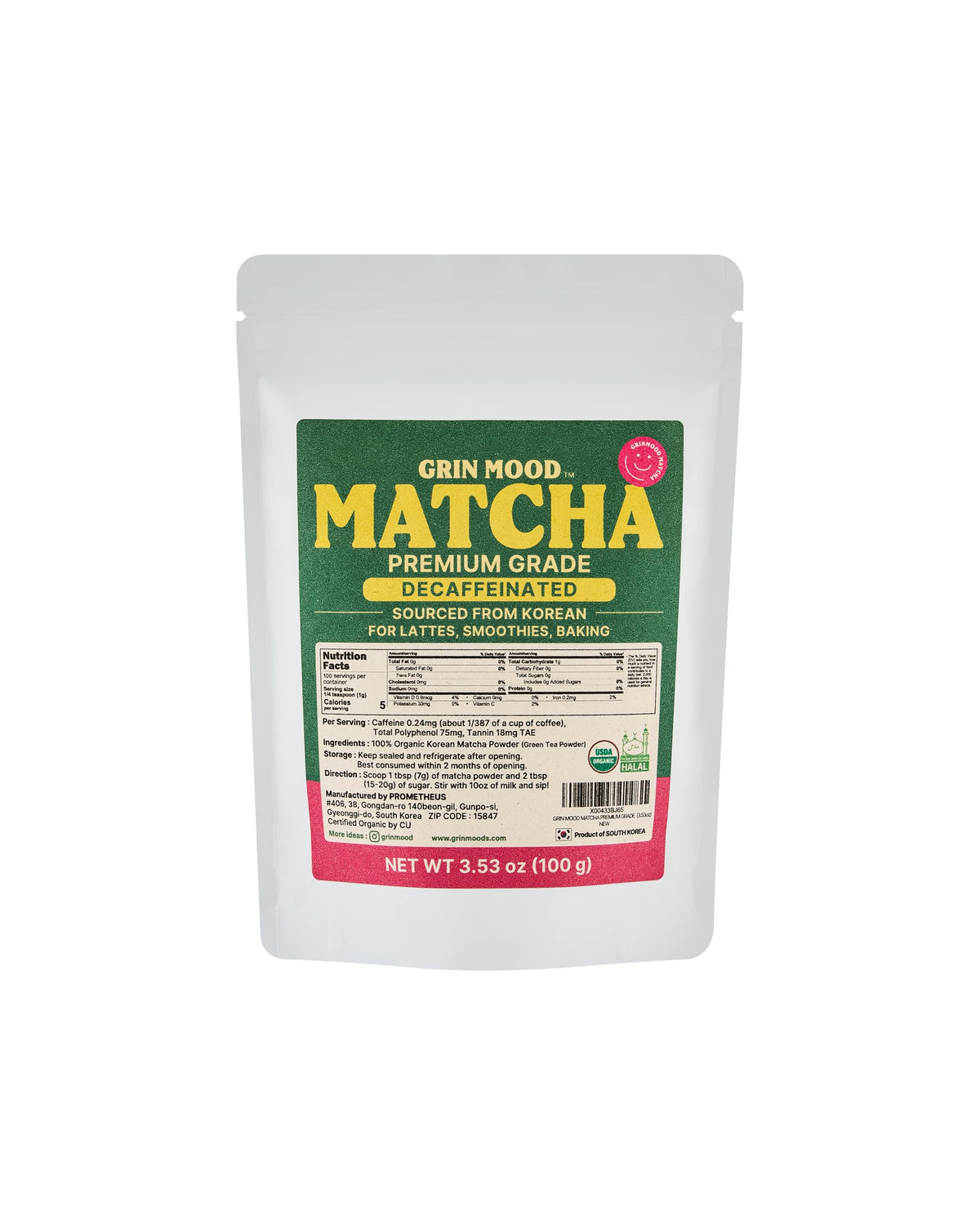 GRIN MOOD Matcha Powder – Organic Korean Green Tea, Decaffeinated, Halal (3.53oz, Premium Grade)