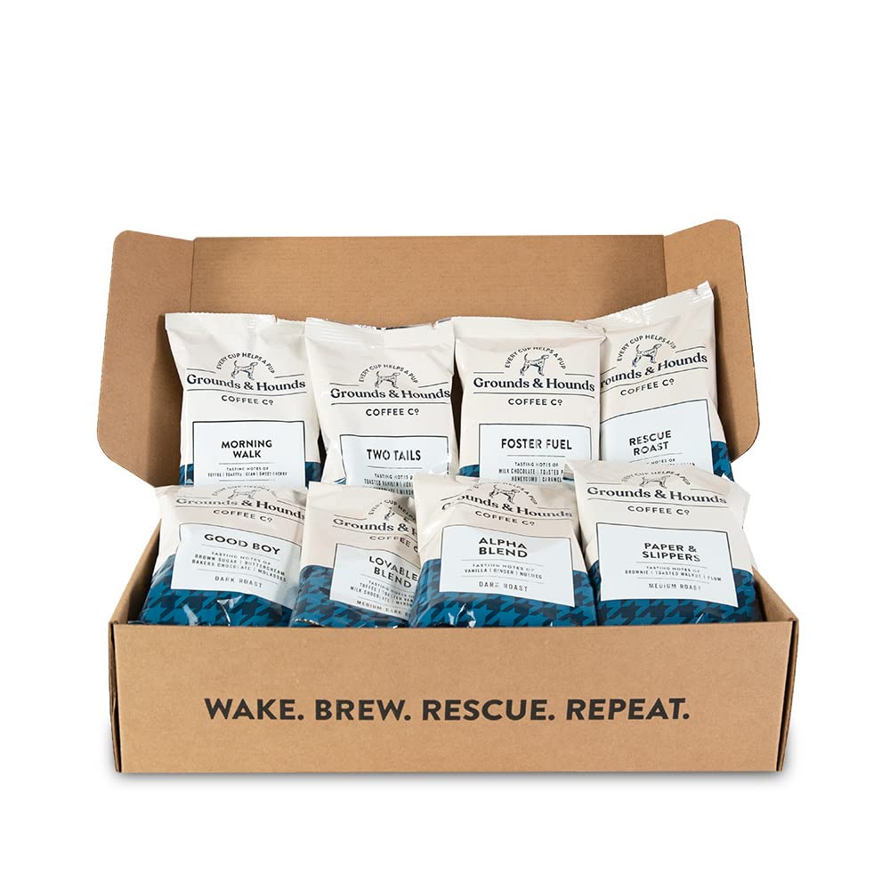 Grounds & Hounds Eight Coffee Blend Sample Kit – 8 Organic Ground Coffees (2.5 oz Each)