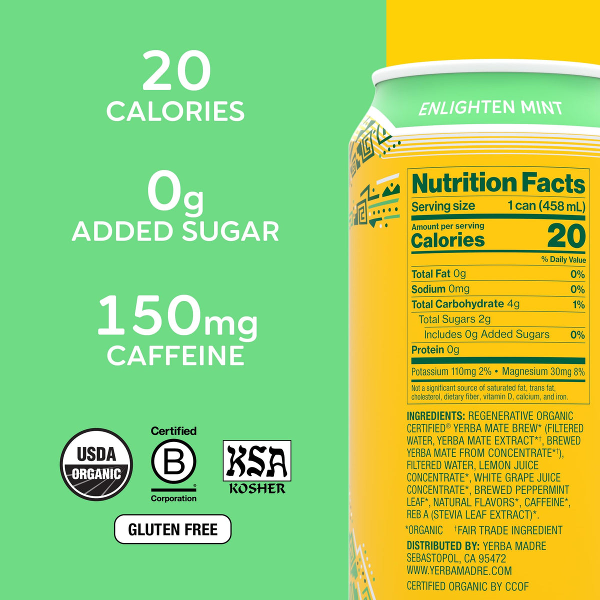 Guayaki Yerba Madre Organic Yerba Mate — Enlighten Mint, Lower Sugar, 150mg Caffeine, 12-Pack