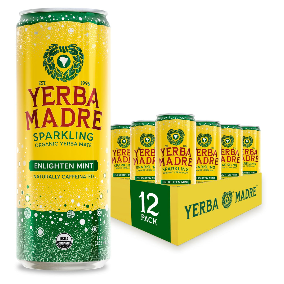 Guayaki Yerba Madre Organic Sparkling Yerba Mate – Enlighten Mint, 115 mg Caffeine, 12 oz Cans (Pack of 12)