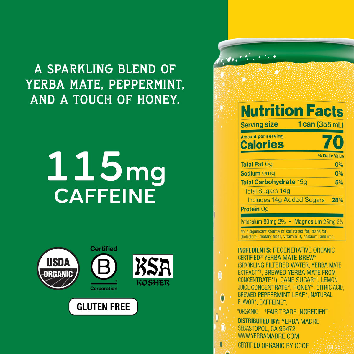 Guayaki Yerba Madre Organic Sparkling Yerba Mate – Enlighten Mint, 115 mg Caffeine, 12 oz Cans (Pack of 12)