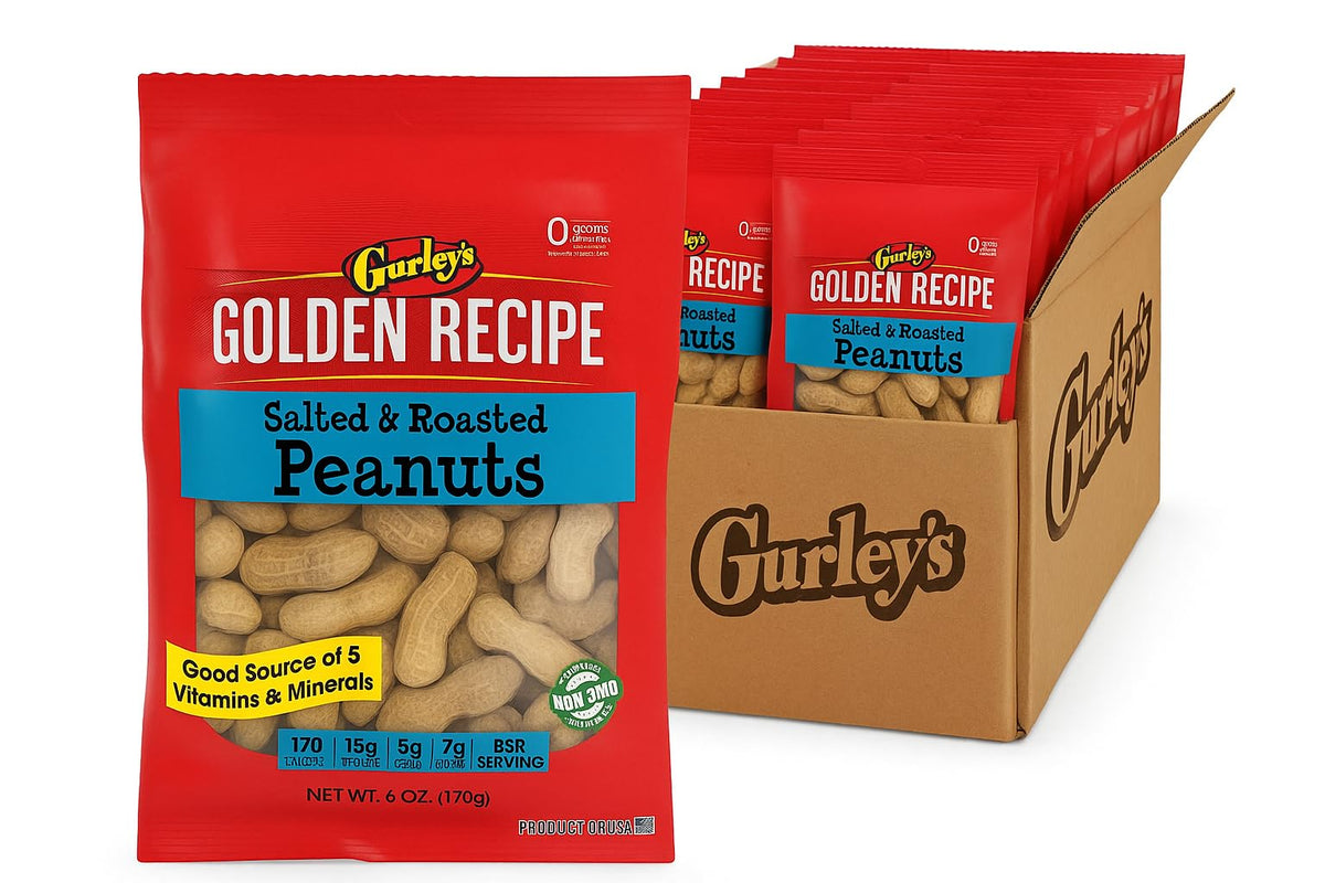 Gurley's Jumbo Salted In-Shell Peanuts – 6 oz Bulk Pack (12 Bags), Non-GMO High-Protein Snack