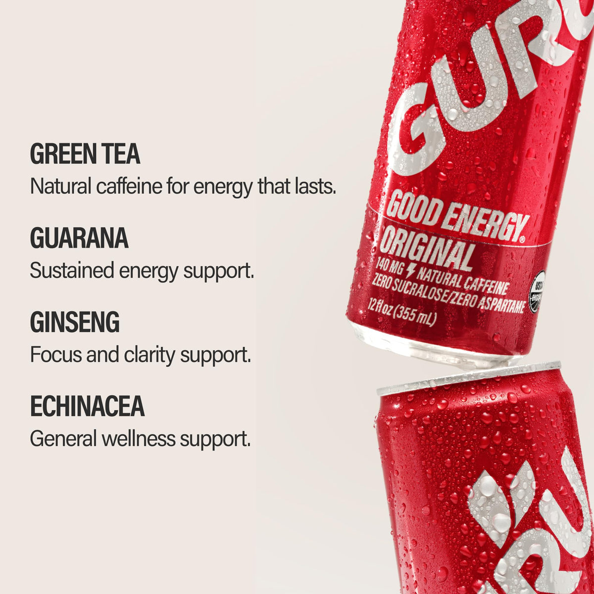 GURU Original Organic Energy Drinks | Plant-Based Caffeine from Green Tea, Vegan & Gluten Free, 140 mg Caffeine, 12 oz Pack of 12