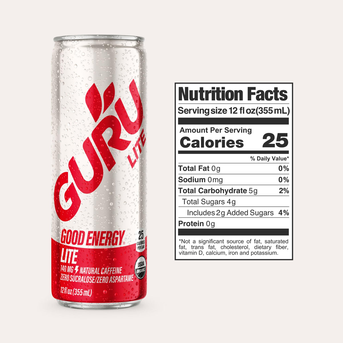 GURU Lite Organic Energy Drink – 140 mg Caffeine, Plant-Based, Low Calorie, Pack of 12