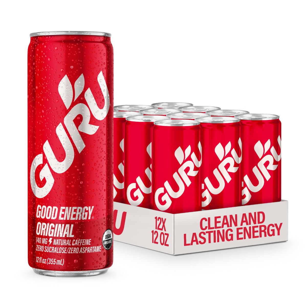 GURU Original Organic Energy Drinks | Plant-Based Caffeine from Green Tea, Vegan & Gluten Free, 140 mg Caffeine, 12 oz Pack of 12