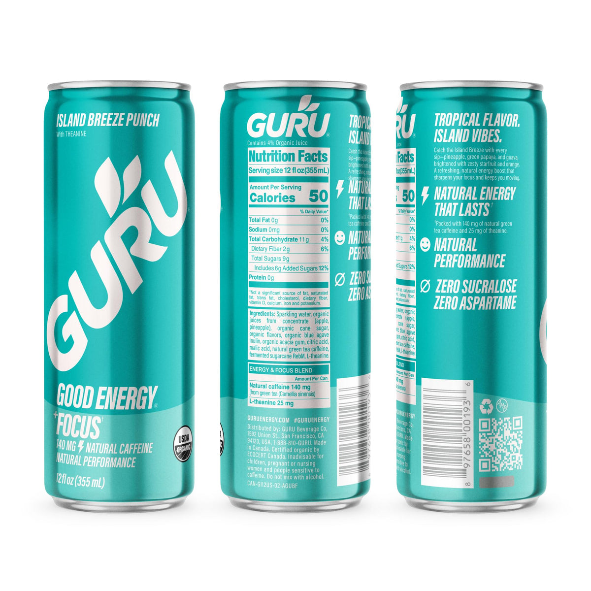 GURU PUNCH Organic Energy Drinks Variety Pack — 140mg Caffeine, Plant Based, 12oz Cans (Pack of 12)