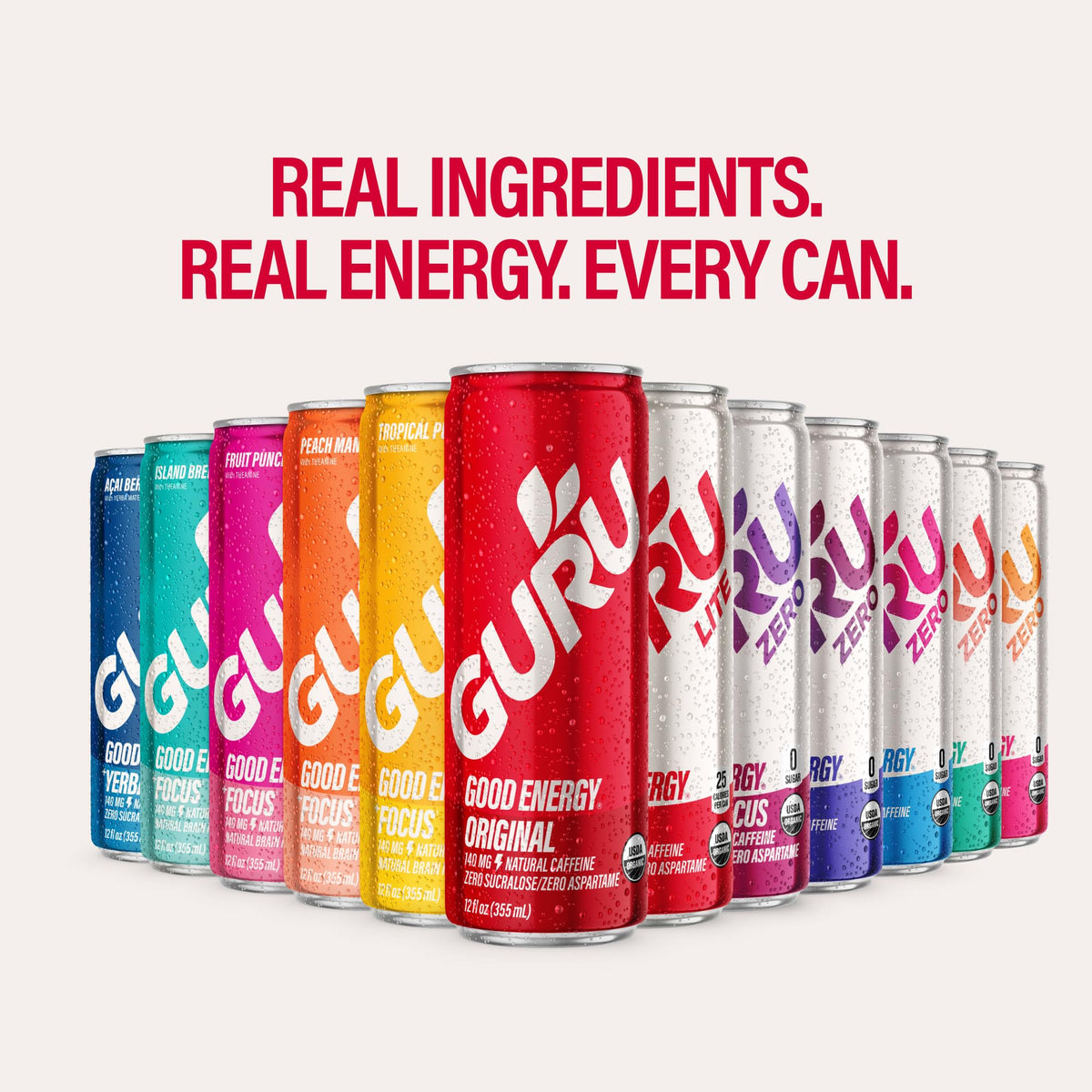 GURU ZERO SUGAR Organic Energy Drinks Variety Pack — 12 Cans