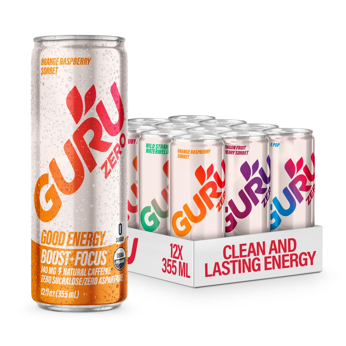 GURU ZERO SUGAR Organic Energy Drinks Variety Pack — 12 Cans