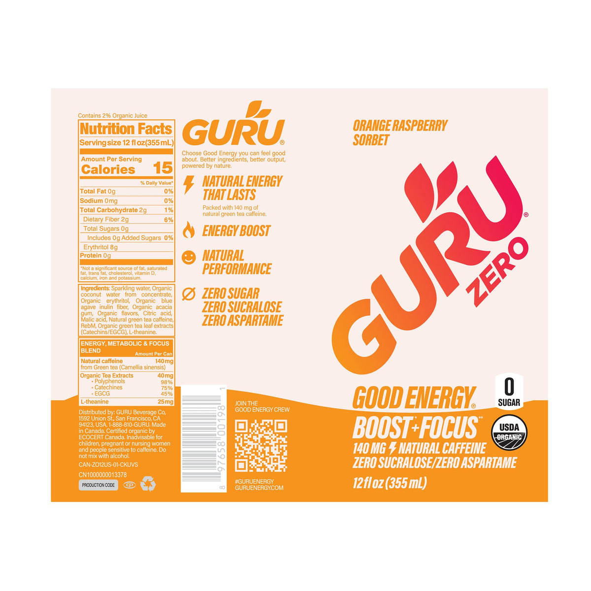GURU ZERO SUGAR Organic Energy Drinks Variety Pack — 12 Cans