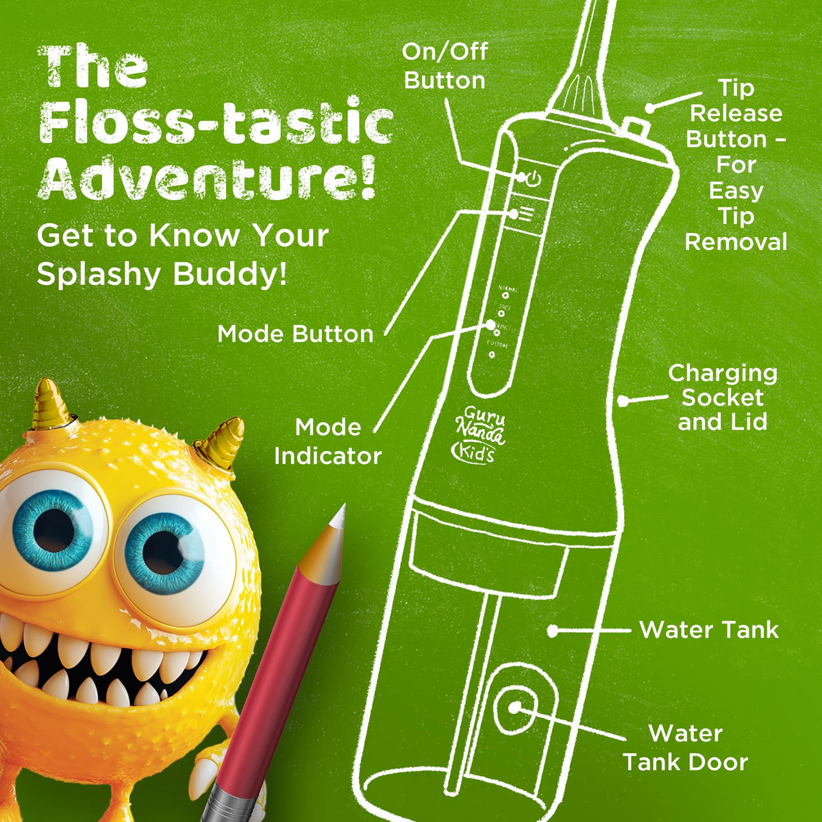 GuruNanda Kids Water Flosser – Portable Oral Irrigator for Children Ages 6+, 4 Gentle Modes, 4 Nozzles, 2-Min Smart Timer, Cordless, BPA-Free, Monster Frens Theme Kids Floss for Braces, Sensitive Gums