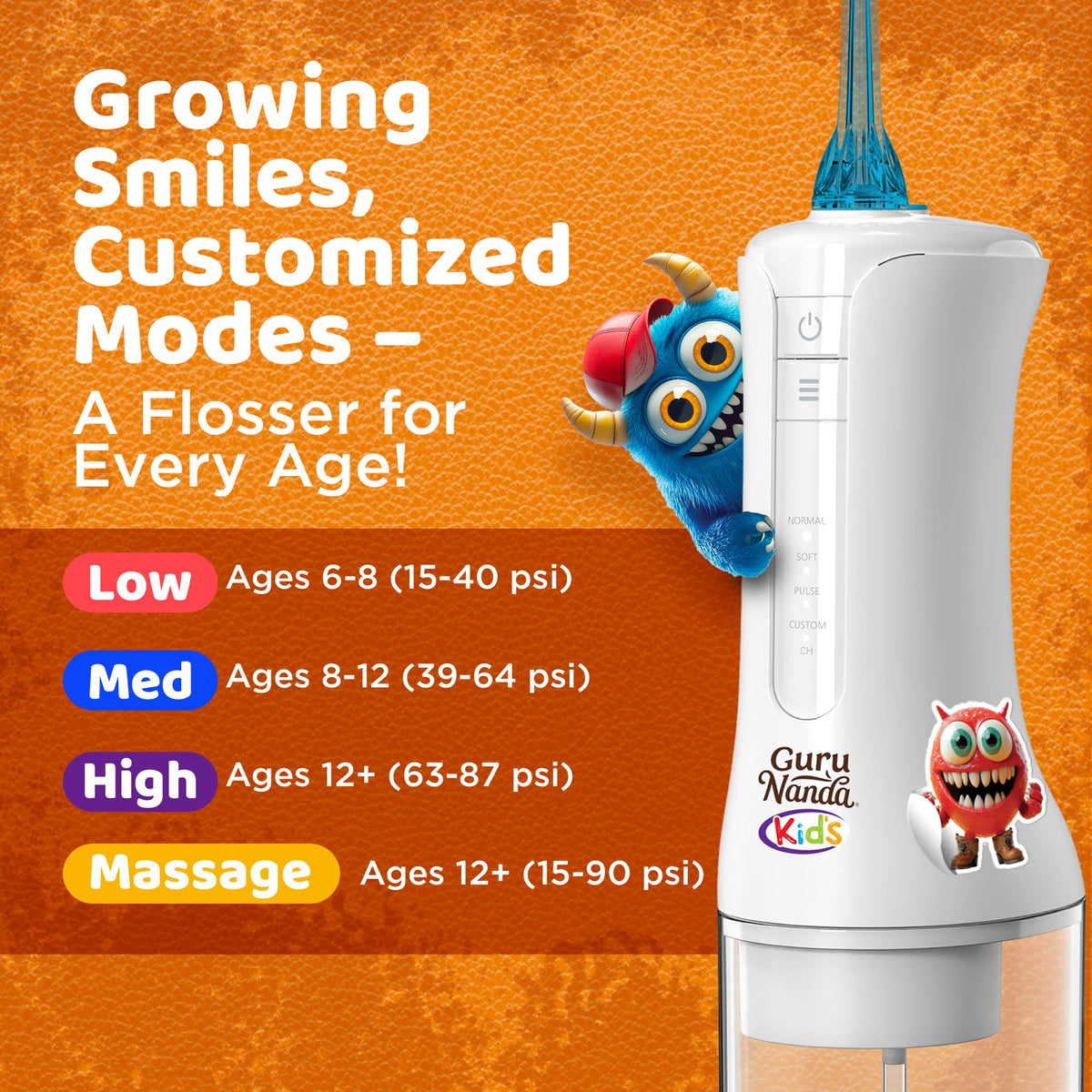 GuruNanda Kids Water Flosser – Portable Oral Irrigator for Children Ages 6+, 4 Gentle Modes, 4 Nozzles, 2-Min Smart Timer, Cordless, BPA-Free, Monster Frens Theme Kids Floss for Braces, Sensitive Gums