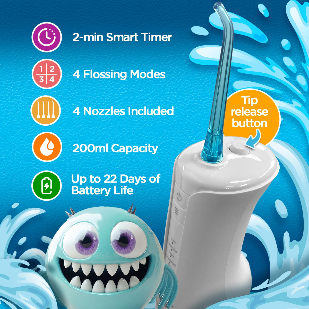 GuruNanda Kids Water Flosser – Portable Oral Irrigator for Children Ages 6+, 4 Gentle Modes, 4 Nozzles, 2-Min Smart Timer, Cordless, BPA-Free, Monster Frens Theme Kids Floss for Braces, Sensitive Gums
