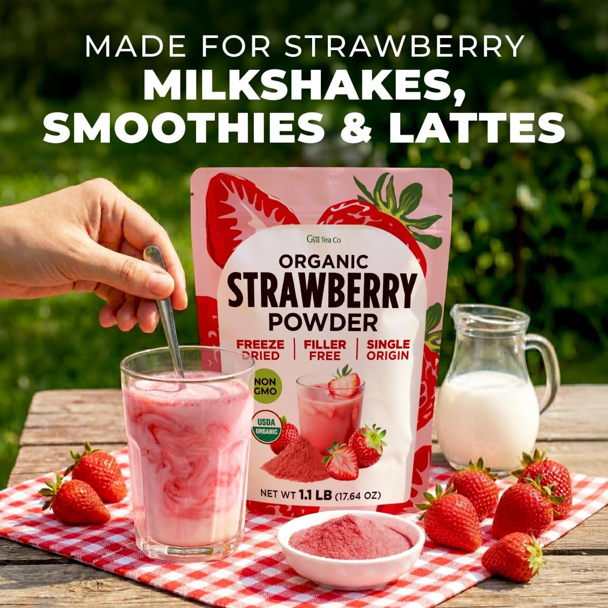 Gya Tea Co Organic Freeze Dried Strawberry Powder – 1.1 Lb Bulk, No Sugar Added, Gluten Free & Vegan