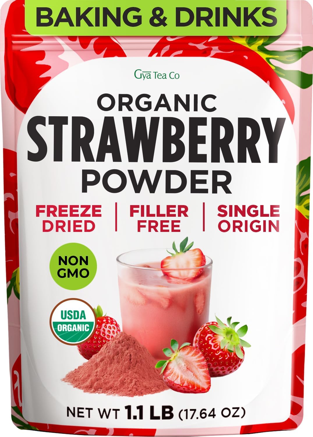 Gya Tea Co Organic Freeze Dried Strawberry Powder – 1.1 Lb Bulk, No Sugar Added, Gluten Free & Vegan