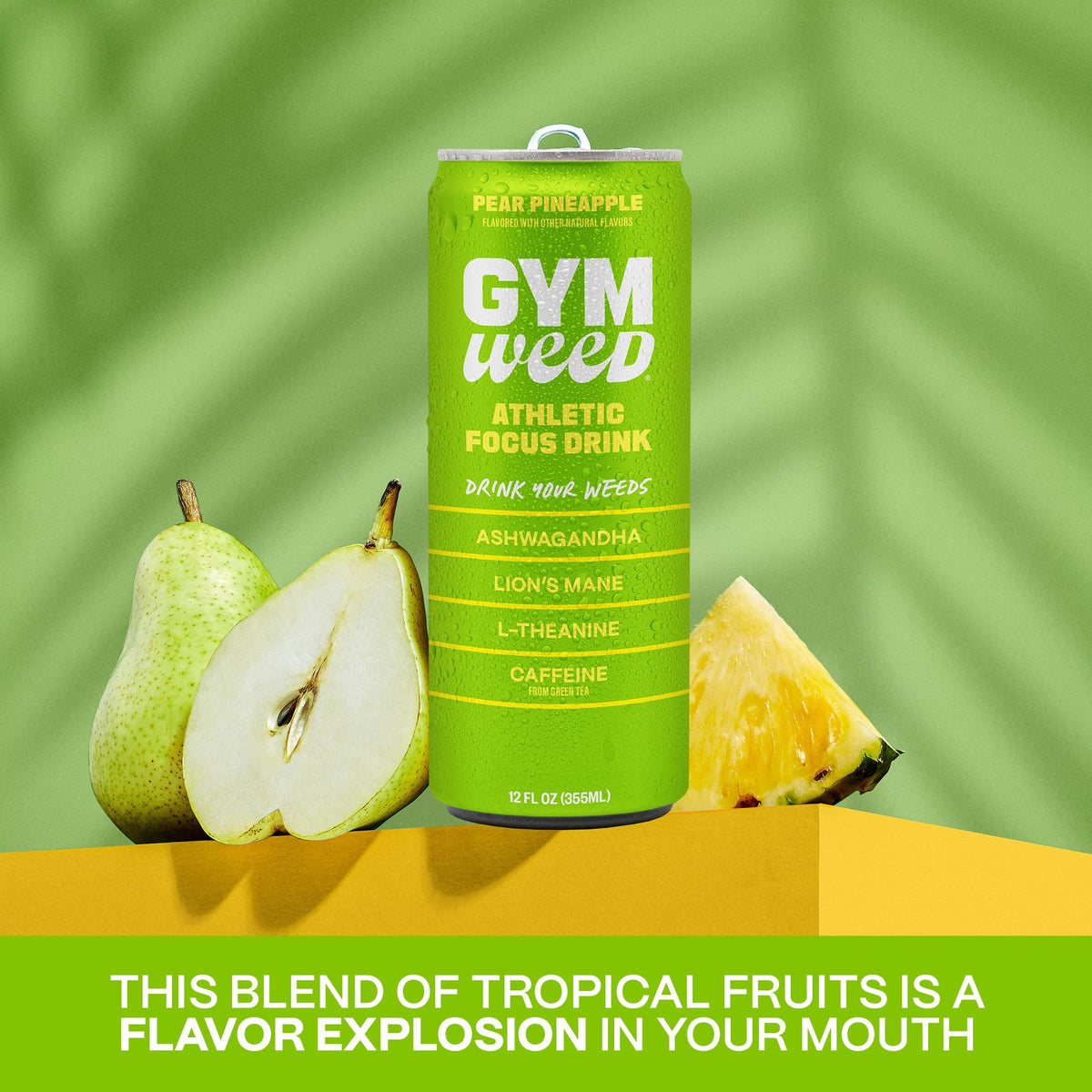 GYM WEED Athletic Focus Drink – KSM-66 Ashwagandha, Lion's Mane, L-Theanine, Green Tea Caffeine, Pear Pineapple (12 Pack)