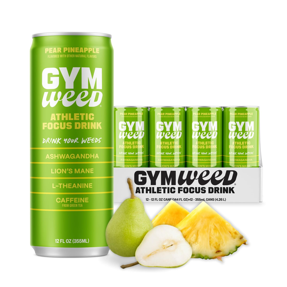GYM WEED Athletic Focus Drink – KSM-66 Ashwagandha, Lion's Mane, L-Theanine, Green Tea Caffeine, Pear Pineapple (12 Pack)