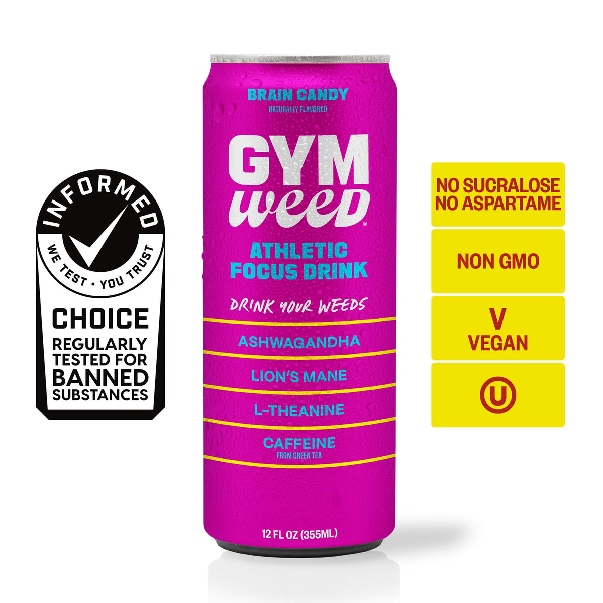 GYM WEED Athletic Focus Drink – KSM-66 Ashwagandha, Lions Mane, L-Theanine, Green Tea Caffeine (Brain Candy, 12 Pack)