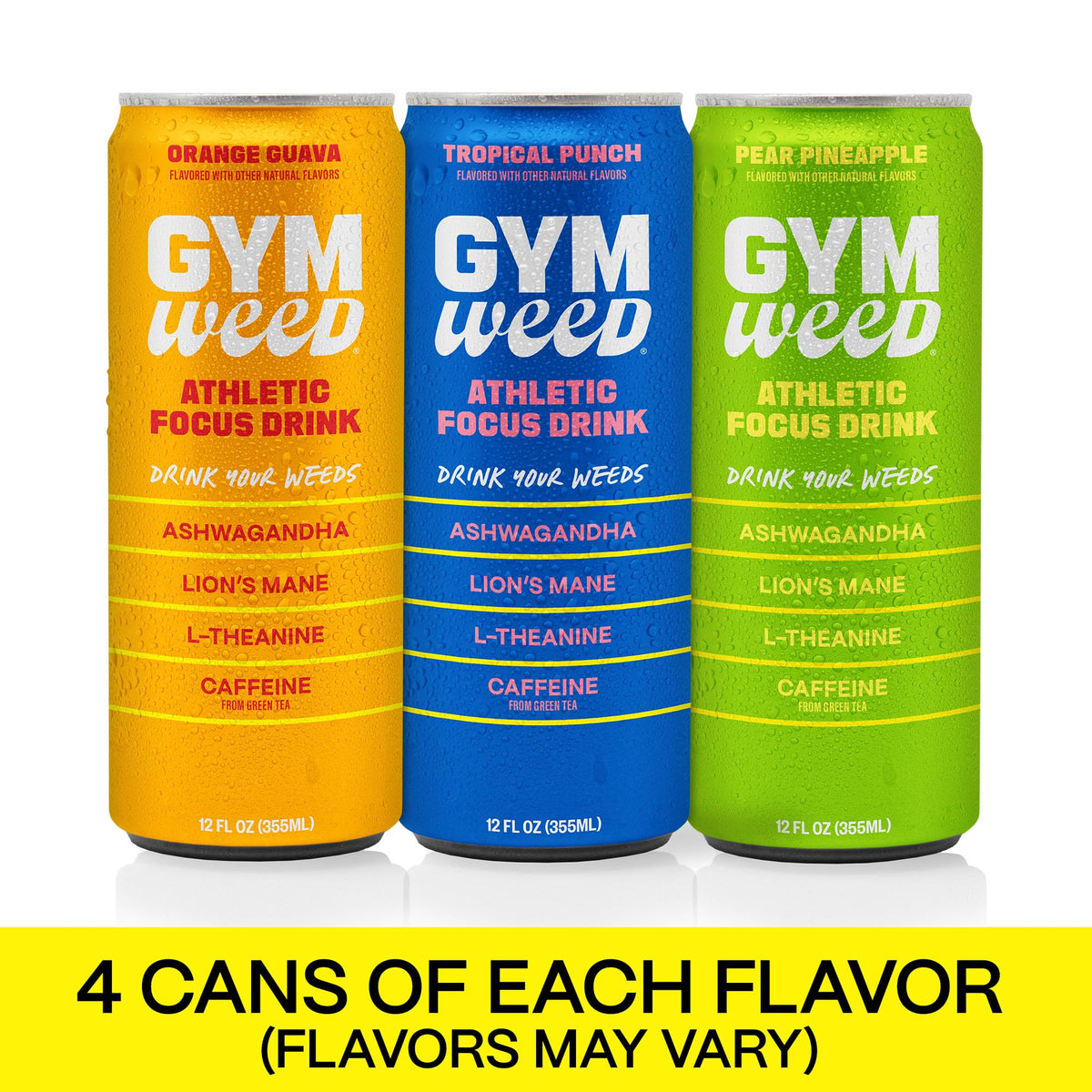 Gym Weed Athletic Focus Drink 12-Pack Variety – KSM-66 Ashwagandha, Lion’s Mane, L-Theanine, Green Tea Caffeine