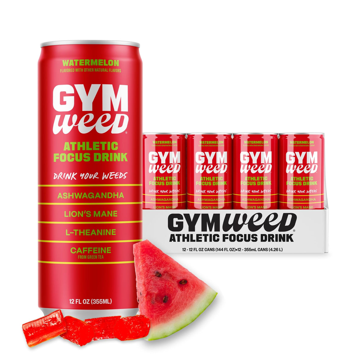 Gym Weed Athletic Focus Drink with KSM-66 Ashwagandha | Watermelon, 12 Pack