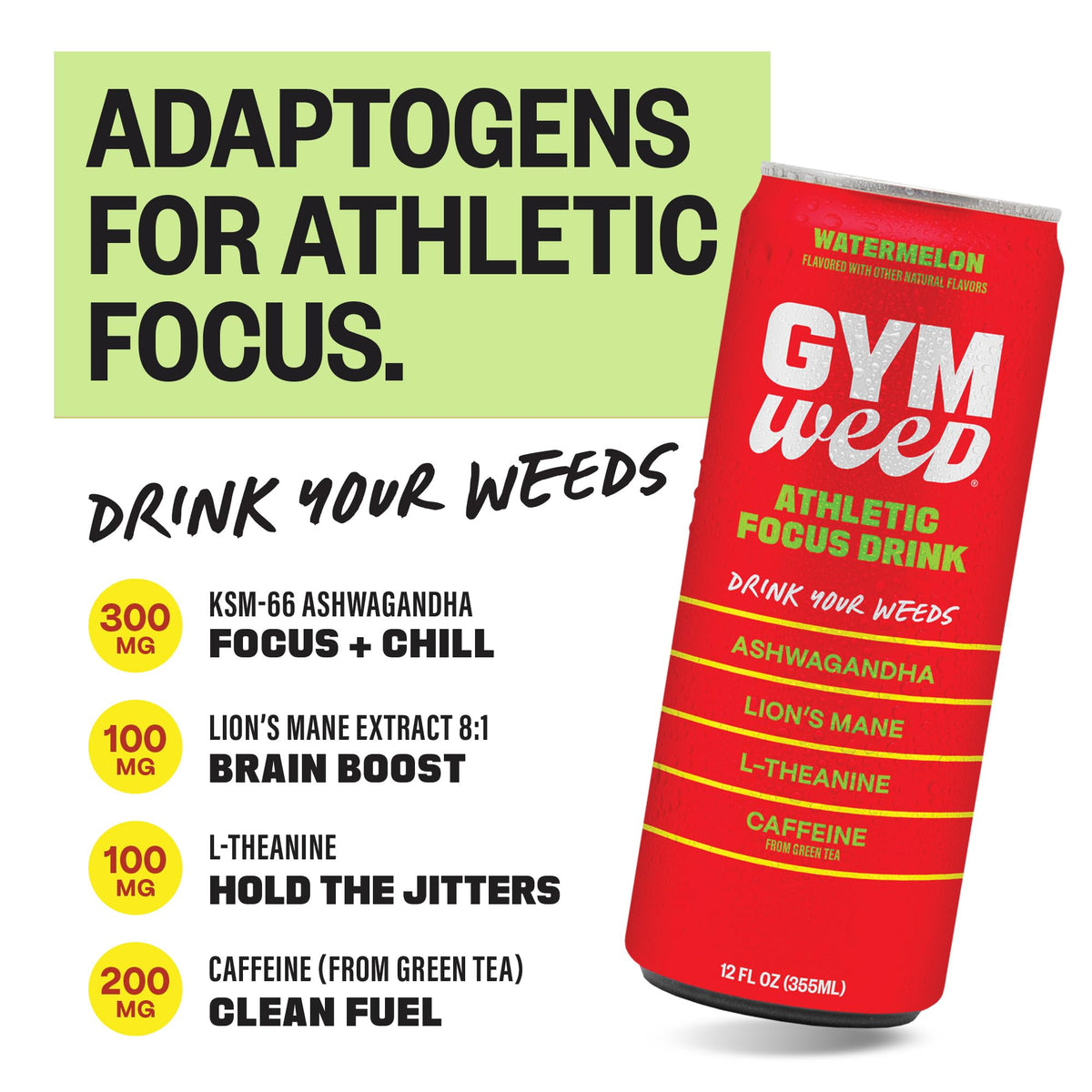 Gym Weed Athletic Focus Drink with KSM-66 Ashwagandha | Watermelon, 12 Pack