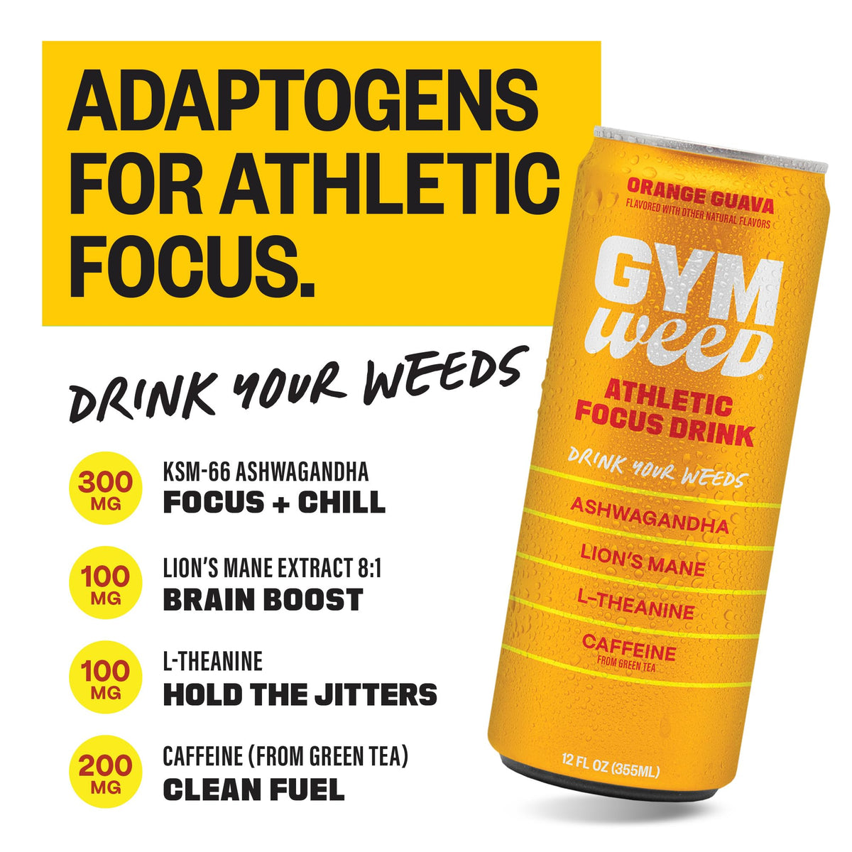 Gym Weed Athletic Focus Drink 12-Pack Variety – KSM-66 Ashwagandha, Lion’s Mane, L-Theanine, Green Tea Caffeine