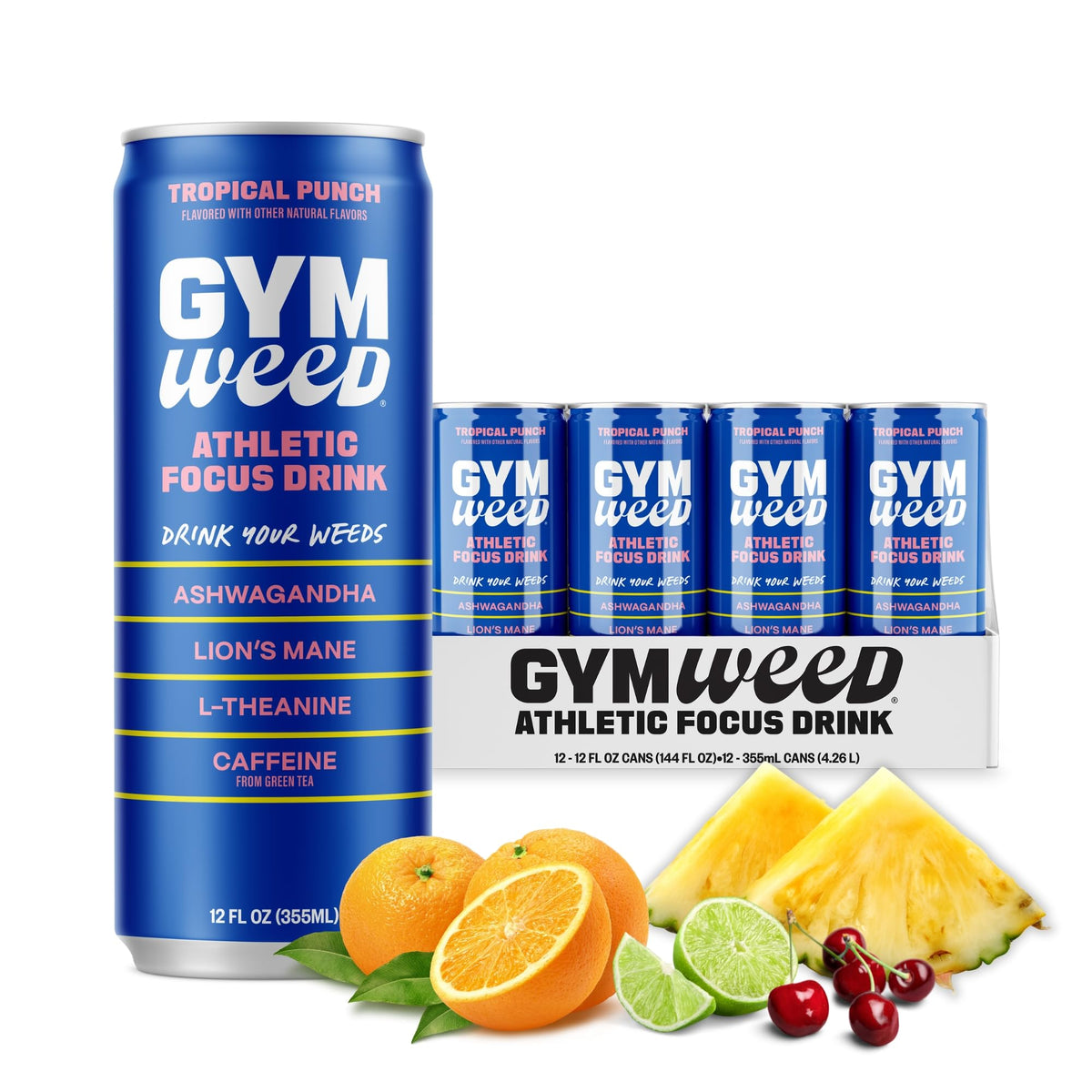 GYM WEED Athletic Focus Drink — KSM-66 Ashwagandha, Lion's Mane, L-Theanine, Green Tea Caffeine | Tropical Punch 12 Pack
