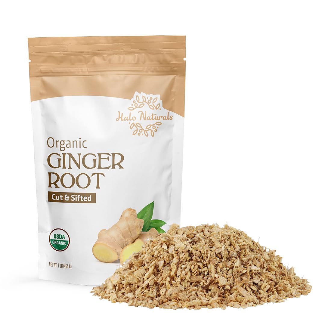Halo Naturals Organic Ginger Root, Cut & Sifted – 1 lb, USDA Certified Organic, Resealable Pouch, Packaged in the USA