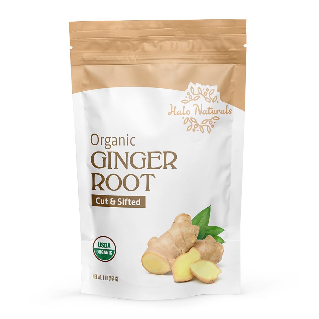 Halo Naturals Organic Ginger Root, Cut & Sifted – 1 lb, USDA Certified Organic, Resealable Pouch, Packaged in the USA