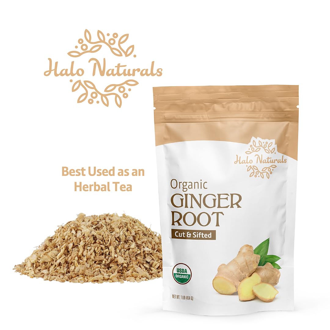 Halo Naturals Organic Ginger Root, Cut & Sifted – 1 lb, USDA Certified Organic, Resealable Pouch, Packaged in the USA