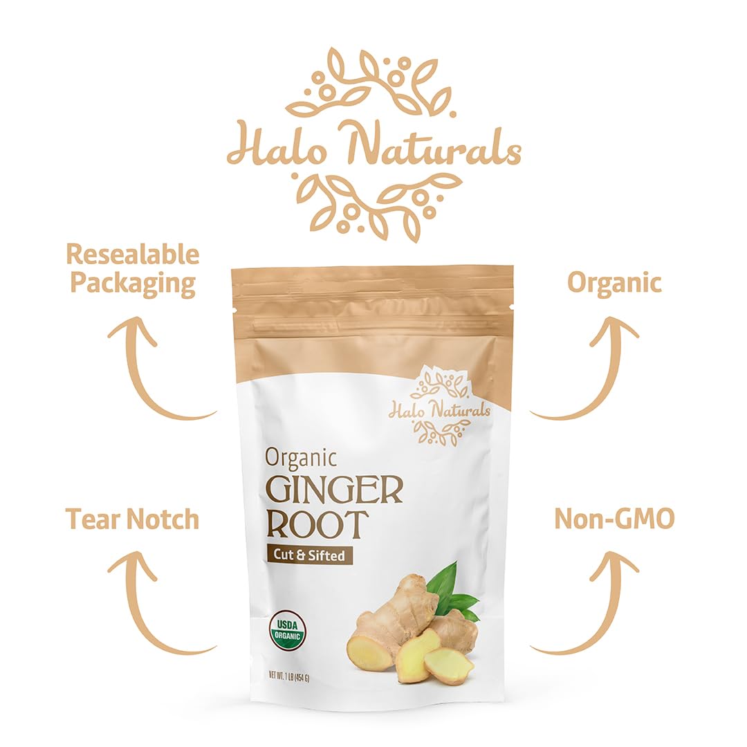 Halo Naturals Organic Ginger Root, Cut & Sifted – 1 lb, USDA Certified Organic, Resealable Pouch, Packaged in the USA