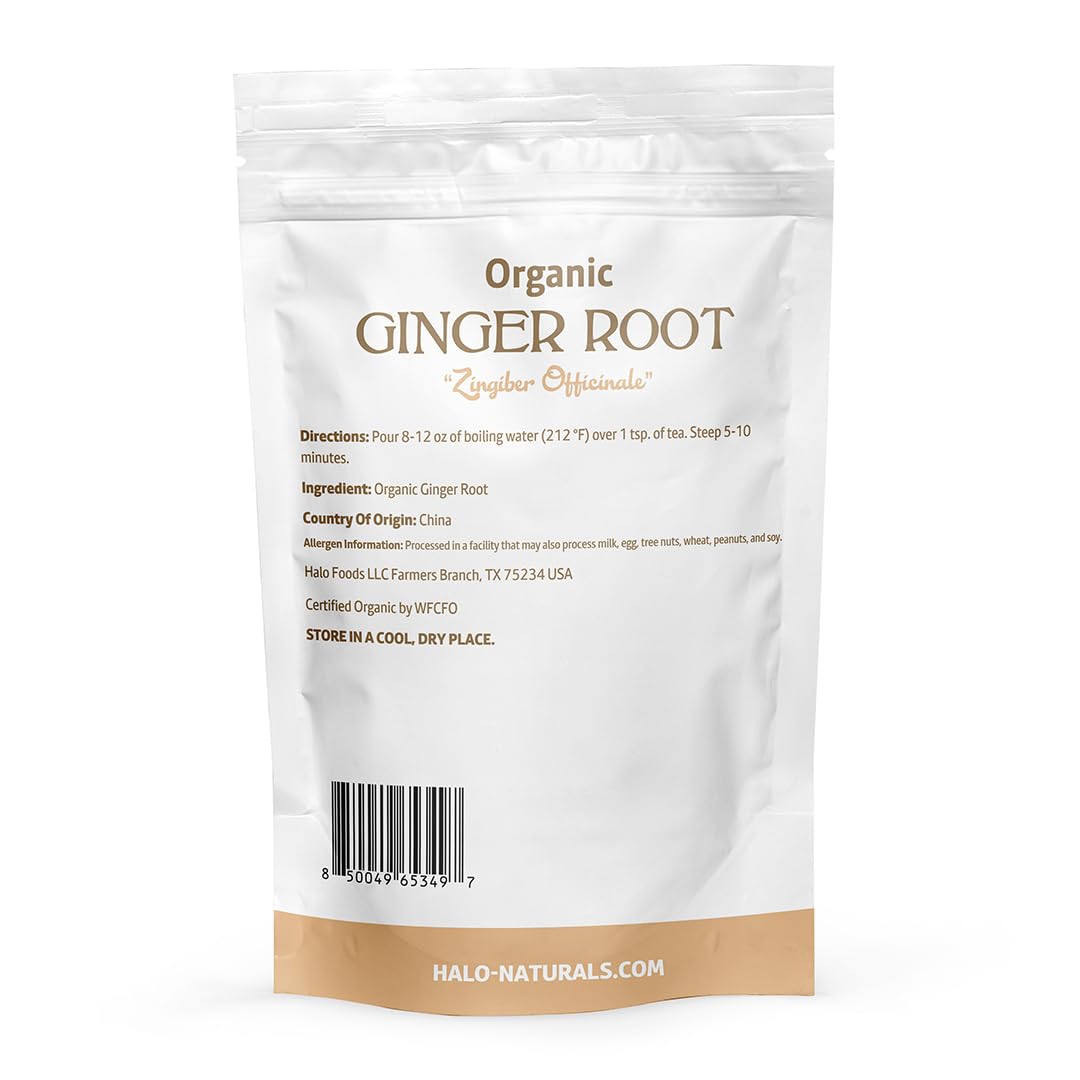 Halo Naturals Organic Ginger Root, Cut & Sifted – 1 lb, USDA Certified Organic, Resealable Pouch, Packaged in the USA