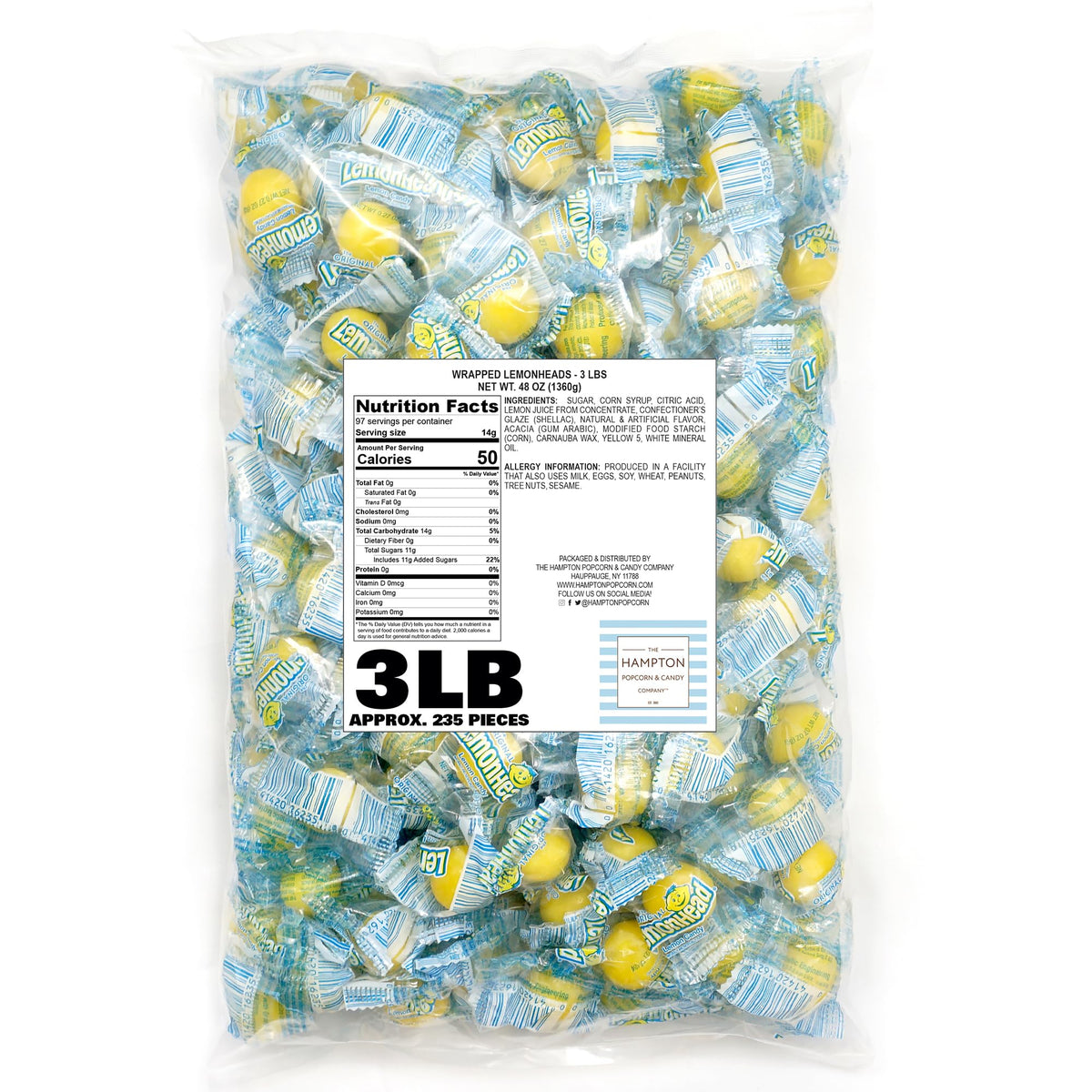 Lemonheads Candy — The Hampton Popcorn Company | 3 lb Bulk Bag (≈180 Pieces), Sour Hard Candy, Individually Wrapped