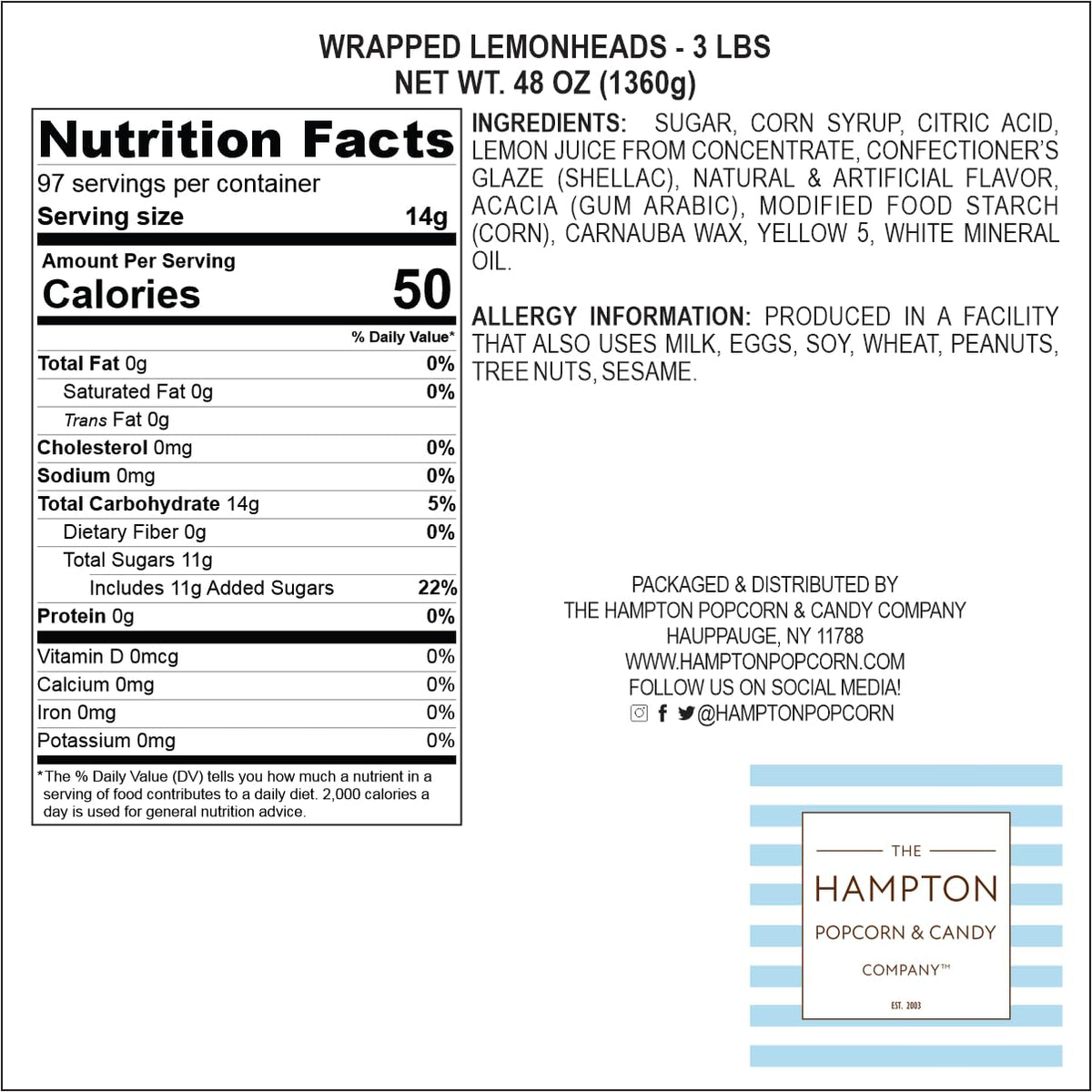 Lemonheads Candy — The Hampton Popcorn Company | 3 lb Bulk Bag (≈180 Pieces), Sour Hard Candy, Individually Wrapped