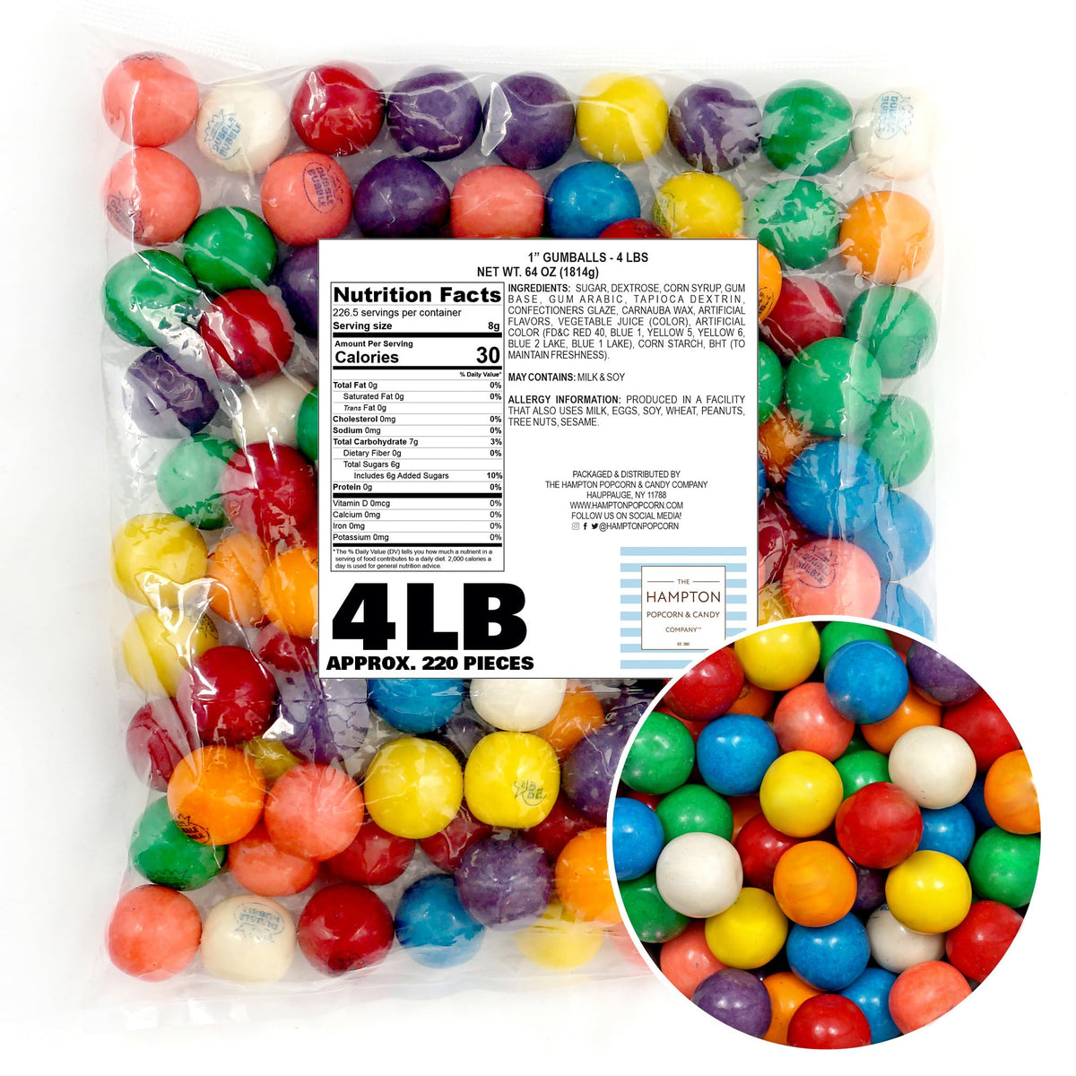 1 Inch Gumballs for Gumball Machines – The Hampton Popcorn Company, 220 Pieces in 4lb Bulk