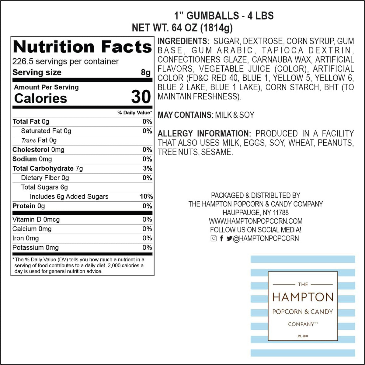 1 Inch Gumballs for Gumball Machines – The Hampton Popcorn Company, 220 Pieces in 4lb Bulk