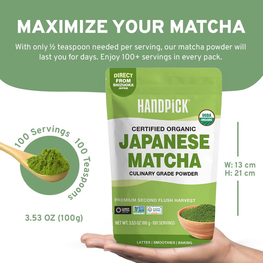 HANDPICK Japanese Organic Matcha Green Tea Powder - 100 Servings | Sourced from Japan, Authentic Harvest, Resealable Pouch