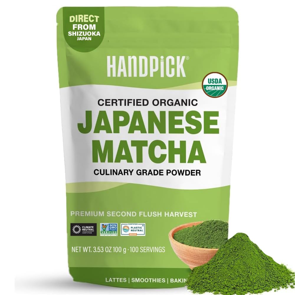 HANDPICK Japanese Organic Matcha Green Tea Powder - 100 Servings | Sourced from Japan, Authentic Harvest, Resealable Pouch