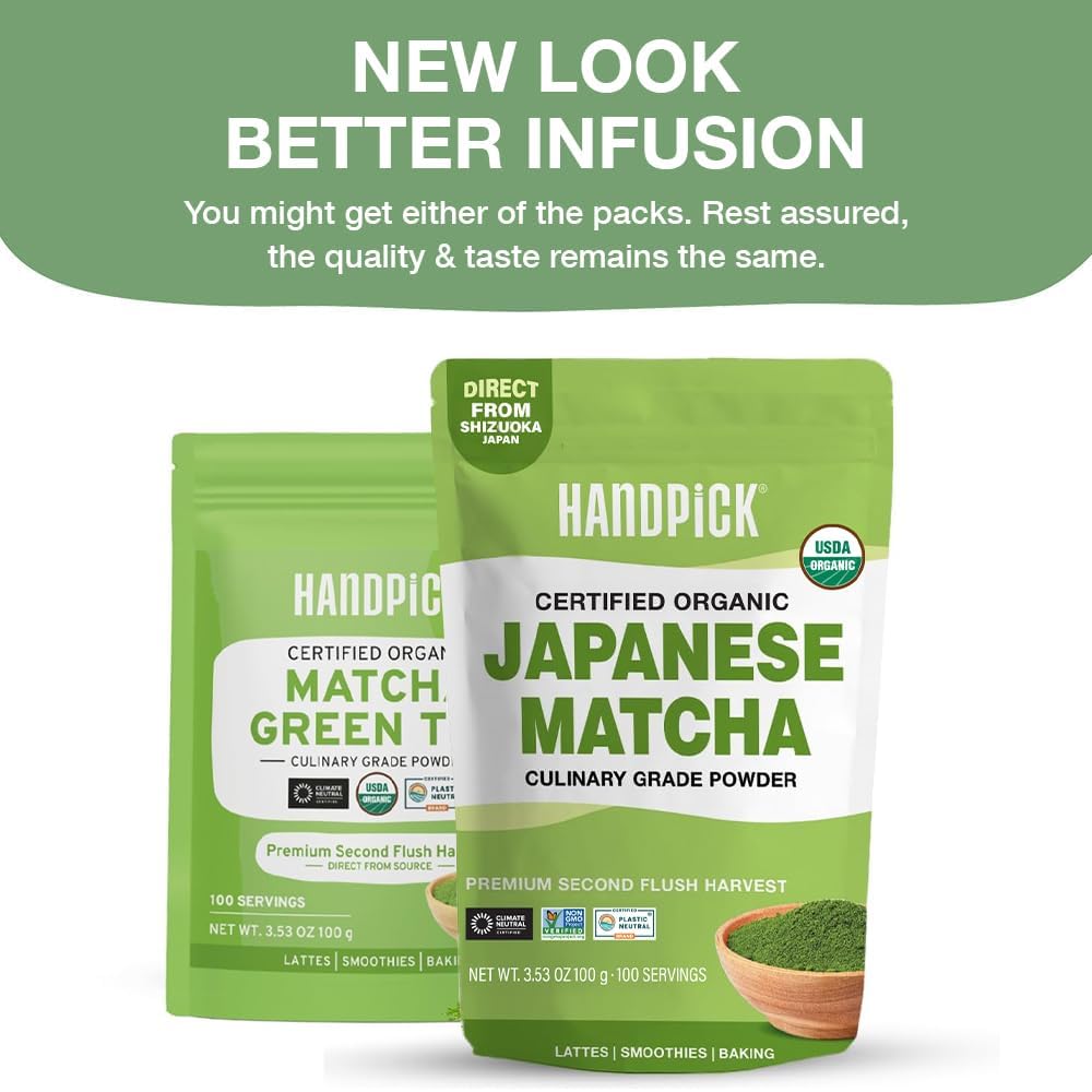 HANDPICK Japanese Organic Matcha Green Tea Powder - 100 Servings | Sourced from Japan, Authentic Harvest, Resealable Pouch