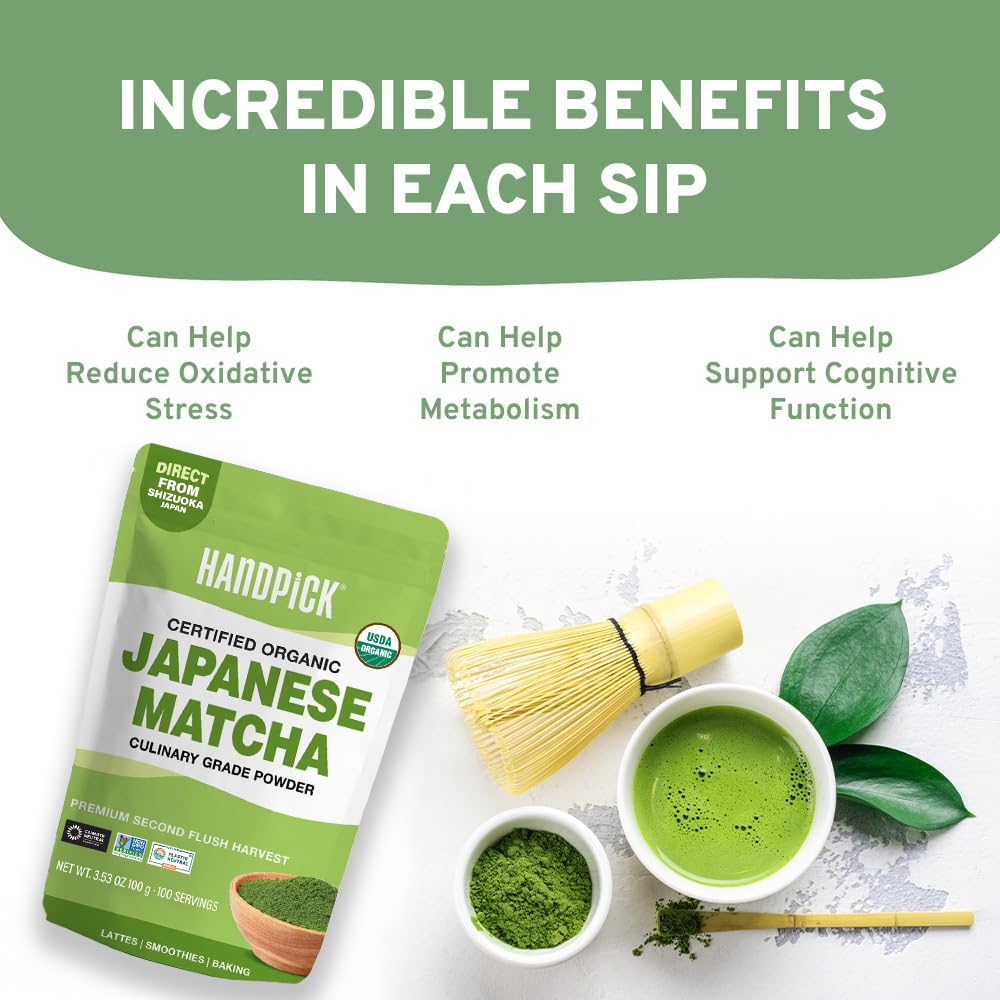 HANDPICK Japanese Organic Matcha Green Tea Powder - 100 Servings | Sourced from Japan, Authentic Harvest, Resealable Pouch