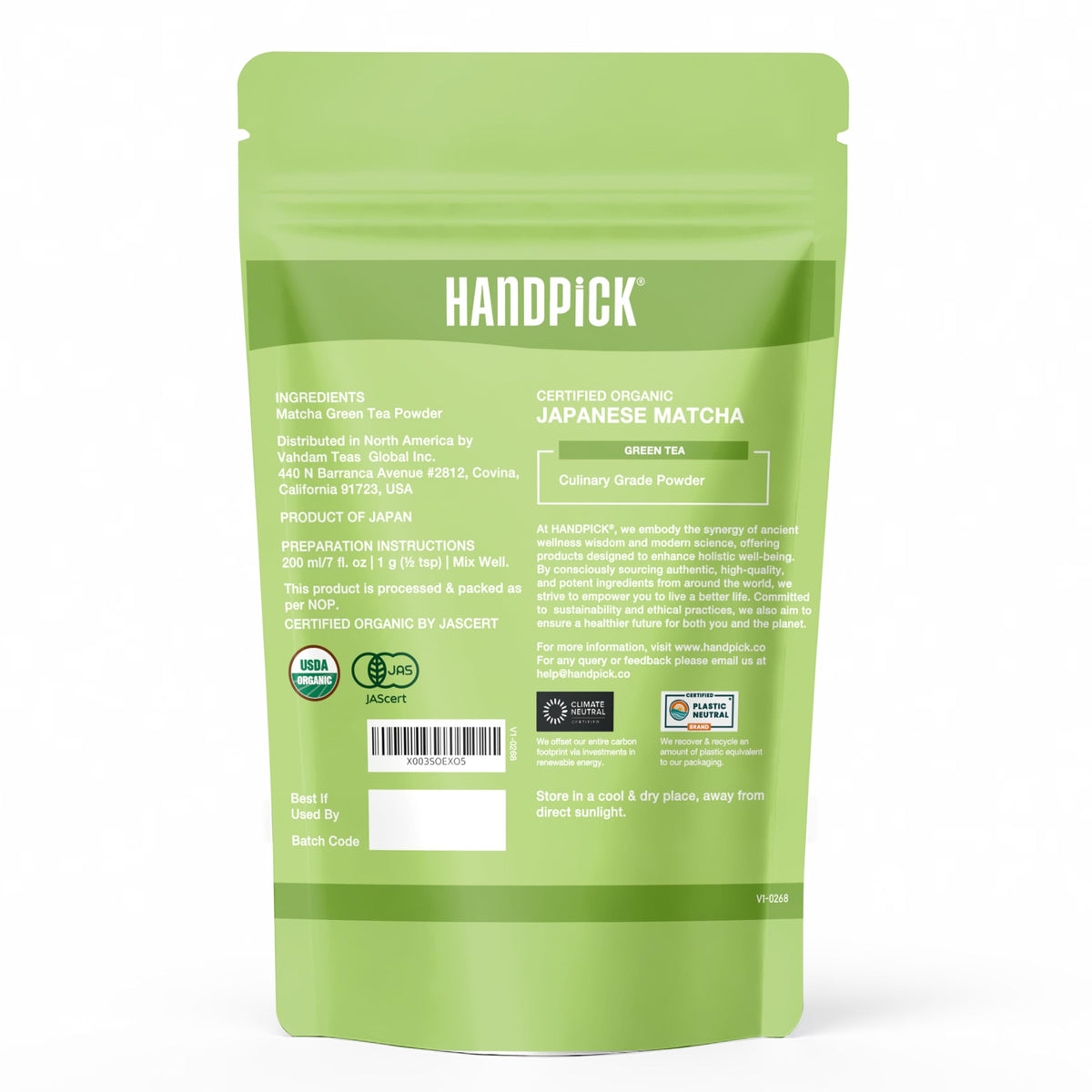 HANDPICK Japanese Organic Matcha Green Tea Powder - 100 Servings | Sourced from Japan, Authentic Harvest, Resealable Pouch