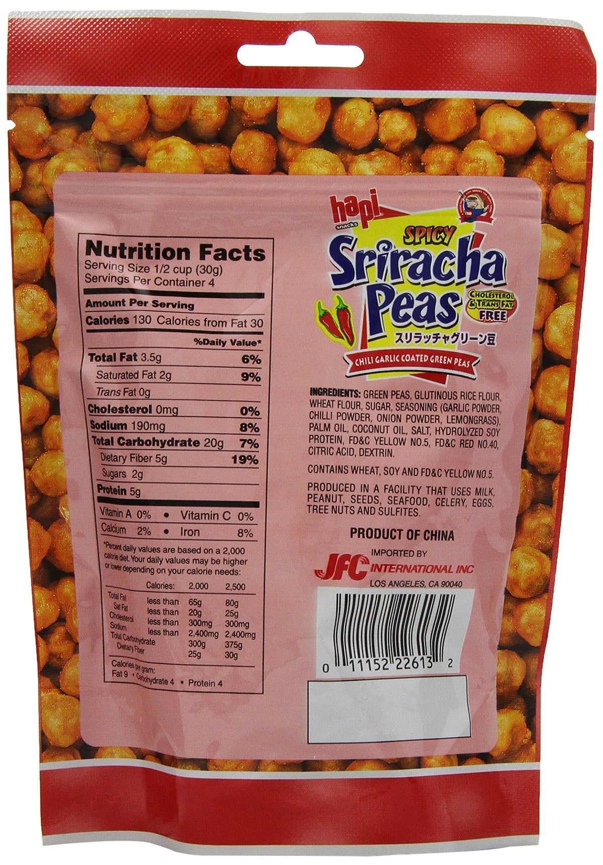 HAPI Sriracha Peas Pouch 4.23 oz – Pack of 12 | Crunchy Plant Snack